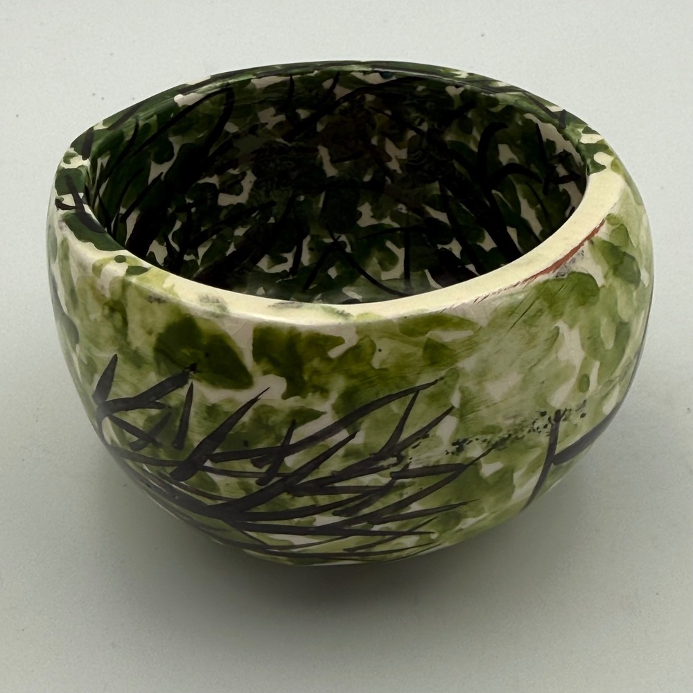 Hand Painted Studio Pottery Bowl Folk Art Forest Figures Green Ceramic 3.25in - Picture 3 of 8